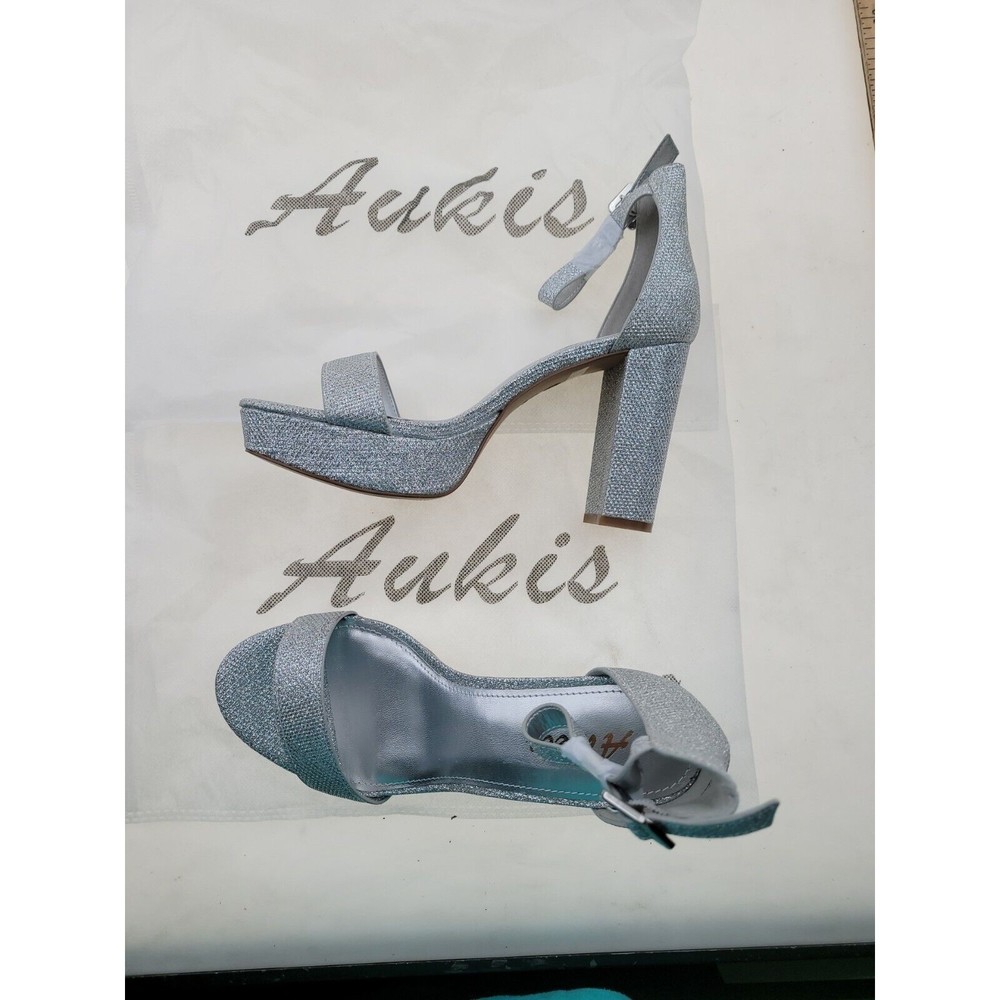 Aukis Womens Silver Glitter Heel Slip On Shoes Size 6.5 Ankle Strap Dress Formal